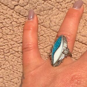 Sterling-Inspired Silver Ring with Turquoise and White Inlay